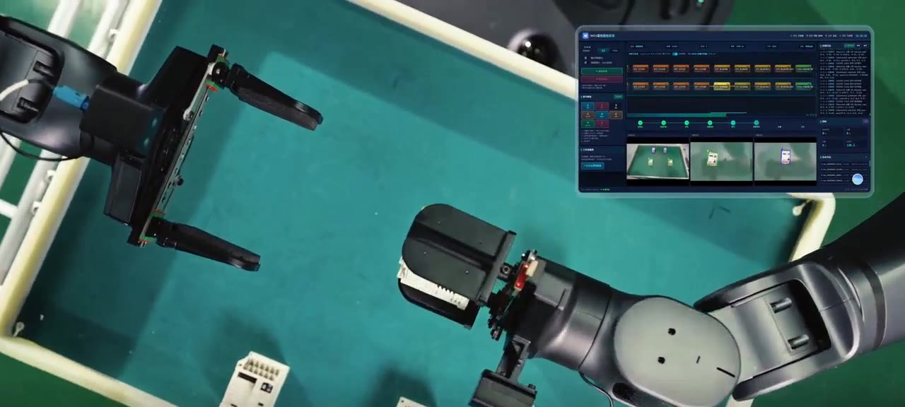 Two robot arms sorting parts on a workbench, with a live control screen in the corner